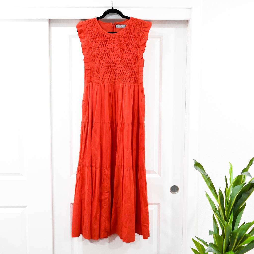 Ck Bradkley Medium Tiered Miller Maxi Dress In Orange With Gold Shimmer